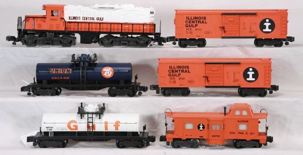NETTE - 6 Unit AM FLYER/ LIONEL ICG Diesel Freight: S Gauge, 8001 GP-20 Diesel; 9712 Boxcar; 9101 Tank Car; 9172 Boxcar; 9100 Tank Car; 48701 Bay Window Caboose, C8+