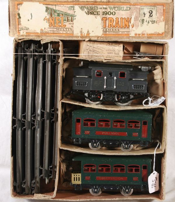 NETTE - Nice Boxed LIONEL Set 92: Circa 1926; 152 Loco, great lettering, light gray, 629 Pullman; 630 Obsv, hook couplers, osb w/track, clip box and orig wrapping, osb w/insert, top very scuffed, trains C7-7+