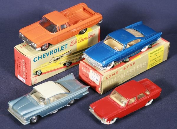 NETTE - 4 Pc. American Outline Car Lot:: Lone Star Chevy El Camino, ob, C9+; Lone Star Dodge Dart Phoenix, ob is C8, Car C9; Lone Star Chevy Corvair, some wear on base, o/w C8; Gama Mini-Mod Buick Coupe, late 1950s style, C7+