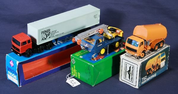 NETTE - 3 Pc. German Diecast Truck Lot:: Gescha 4020 Mercedes Semi w/Peiner Trailer; Gescha 3042 TSZ Street Sweeper w/insert; Gama 9402 Krupp 12GTT Mobile Crane, obs minor wear, C9