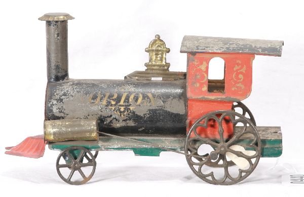 NETTE - Scarce IVES Orion Floor Loco:: First we've had! Circa 1880s, HP tin w/cast wheels, 9" L, stamping readable both sides, a rarity in itself, probably 50% paint, nice Americana look, C3-4