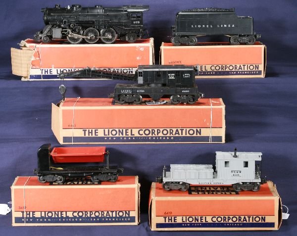 NETTE - Boxed LIONEL 675 Work Train:: 675 Loco; 6466WX Tender; 3559 Ore Dump, ob for 3459; 6460 Crane; 6419 Work Caboose, obs w/3 liners, C7