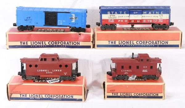 NETTE - 4 Boxed LIONEL Freight Cars:: 6417-25 N5c Caboose; 3494-275 SOM Oper. Boxcar, type IIa, non etched on Blue mold; 6357 Caboose; 6464-475 B&M Boxcar, type III painted on blue mold, obs worn, o/w C7