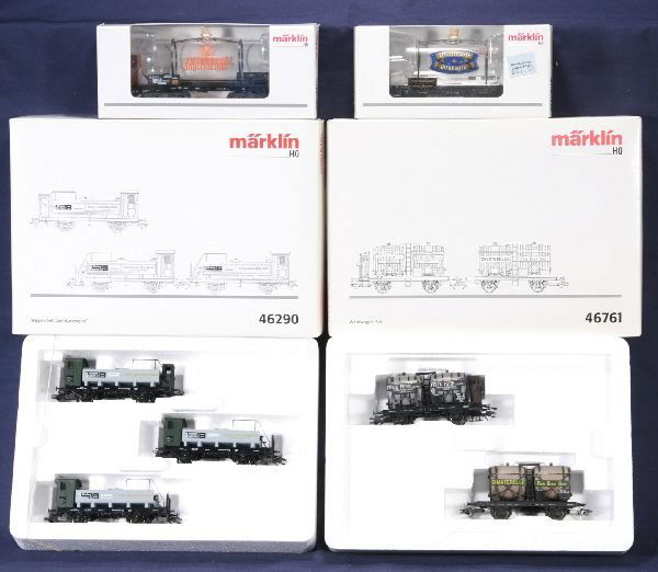 NETTE - MARKLIN HO Wine & Spirits Freight Cars: 48405 Wintervelt(empty); 44531 Jagermeister(empty); 46761 Wine Car Set(1 car missing 1 wheel set); 46290 3-Car Sprits Car set, obs o/w C8+