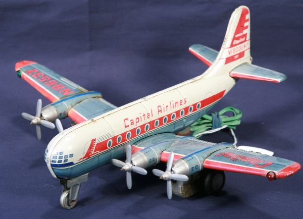 NETTE - MARX Capital Airway Viscount Turbo Prop:: Litho tin, Bat. Op. untested, Line Mar stamp, missing bat. Box controller, 14" WS, clean & shiny, o/w C8