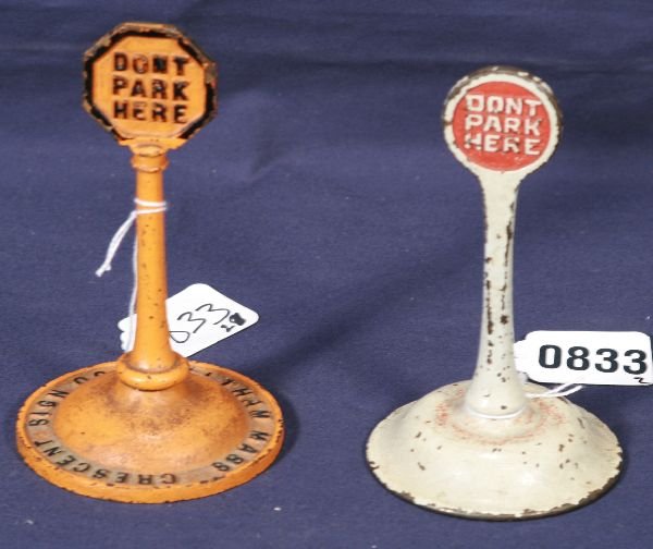 NETTE - 2 ARCADE No Parking Signs:: Both 5" T, orange sign with promo for Crescent Sign Co. Ma. C6+