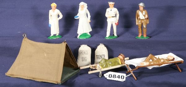 NETTE - 11 Pc. DIMESTORE Soldier Lot:: 2 Nurses, Doctor; 2 trench bags; Standing wounded, 2 different lying wounded; Cot; Stretcher; tent, C8
