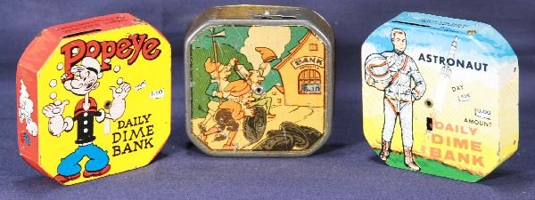 NETTE - 3 KALON Dime Banks, Popeye, Astronaut:: All tin litho register banks, Popeye; Astronaut & Nome, all clean, Nome is C6+, o/w C8