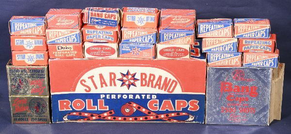 NETTE - Large Caps Lot: Partial box of Star Brand perforated; 2 Boxes Jatina Lone Riders in gold boxes; Kilgore Bang Caps, partial 1000 & 2500 boxes; Partial box Nichols Stallion; Partial Hubley Halco Caps; 5 Bxs Columbia su
