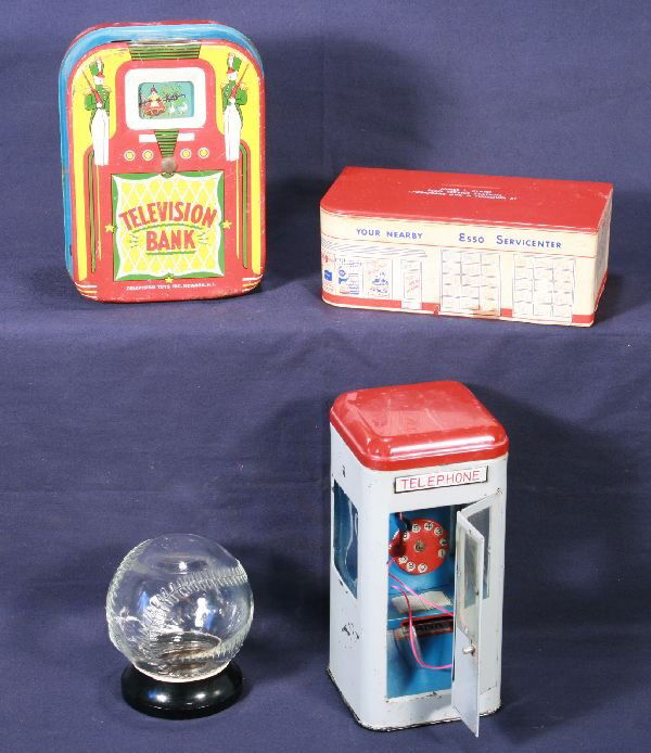 NETTE - 4 Pc. BANK Lot: Baseball bank, glass; Telephone Bank(cute); Television Bank, small bare spot on rear corner, C6; Esso Promo Bank, o/w C7