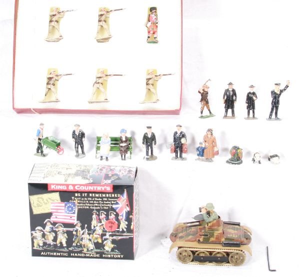 NETTE - Misc. Figure Lot:: Gama Tank, Clock work working w/1/2 Elastolin soldier, C8; King & Country AR054 Hitler & Goerbles Figures ; 6 Pc. Britains Africa Corps w/piper, ob, C9; 16 Misc. Britains & John Hill figures including