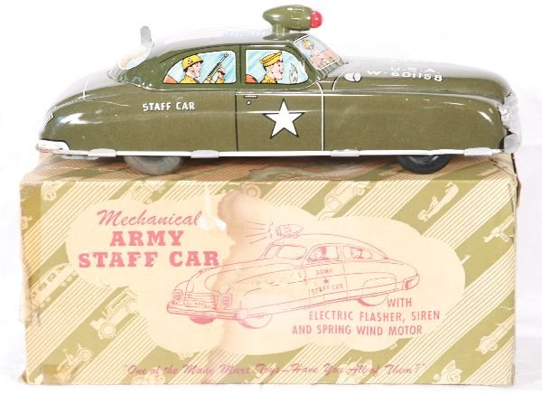 NETTE - Boxed MARX Army Staff Car:: Litho Tin, 11" L, clock work work ng w/siren, light bat. Op untested, ob missing flaps 1 side, o/w C9