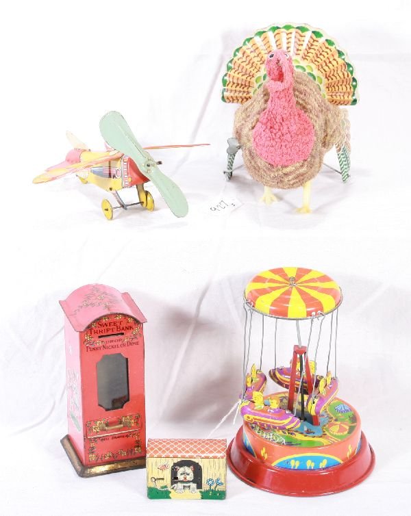 NETTE - Tray Lot 5 Toys:: Rocket Ride, not working; Sweet Thrift Bank; Unique Art Airplane Part, working; Kennel Bank, no trap; Plush, tin & plastic Turkey, working SOLD AS-IS