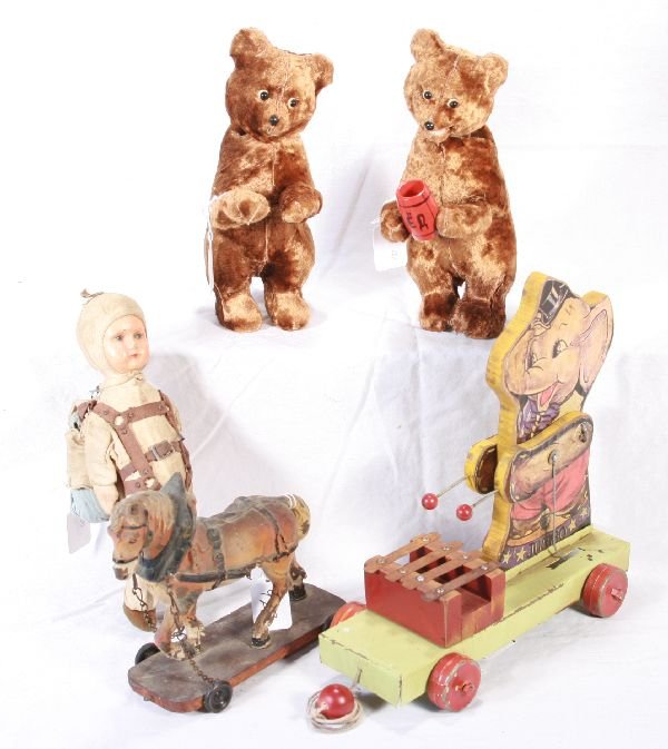 NETTE - Tray Lot 5 Toys:: 2 plush wind-up German bears, working; Compo Horse flaking; WWII Parachute doll; Jumbo Xylophone on tin base SOLD AS-IS