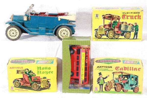 NETTE - Tray Lot 5 Vehicles:: 3 SSS Friction old timers, obs; large Tourer, friction not working; Matchbox Harrods bus, ob SOLD AS-IS