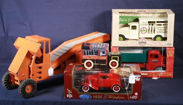 NETTE - Tray Lot 5 Toy Vehicles: Ny-Lint Trencher Loader, repainted; Repro Tonka Dump Truck, ob; Roadlegeonds 32 Ford Coupe, ob; Gearbox Heinz 57 Truck; Biscuit Tin SOLD AS-IS