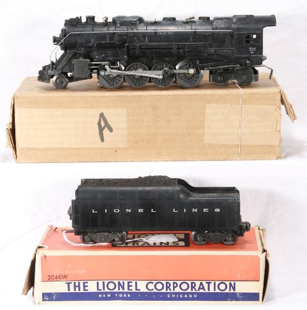NETTE - Boxed LIONEL 726RR Berkshire:: 1952 Production w/RR stamped on cab & no magn-a-traction; 2046W tender, worn obs, dirty C6