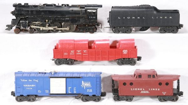 NETTE - 5 Pc. LIONEL Steam Freight Set: 2065 Hudson Loco, early RS lettering, paint drip on side; 2046W tender; 6562 Gondola w/Canisters; 3424 Brakeman Car, no accessories; 6427 N5c Caboose, o/w C6+