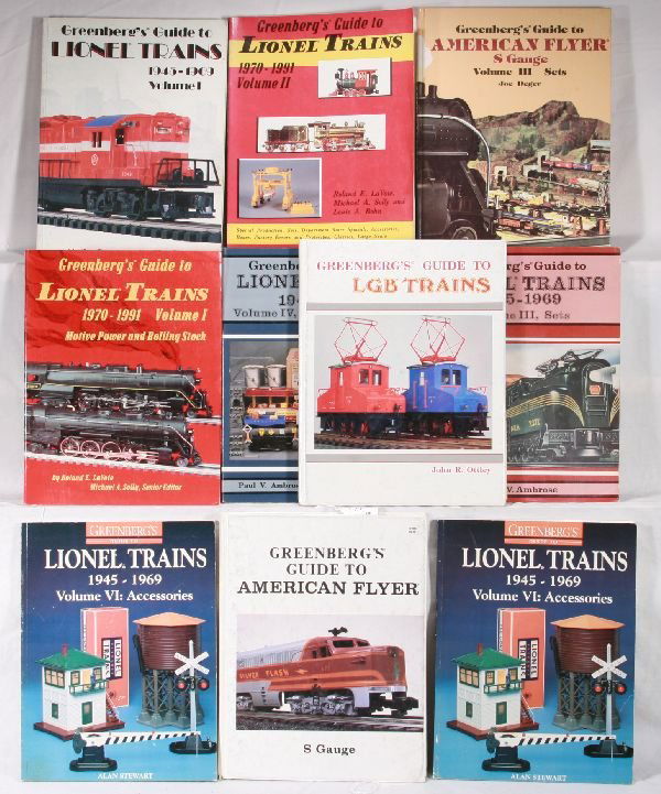 NETTE - 10 Toy Train Reference Books: All Greenburg's Guides- S Gauge Vol. 1 & 3(sets); Lionel Postwar, vols 1, 3 & 4(2); LGB; 1970-1991 Vol 1 & 2, all clean