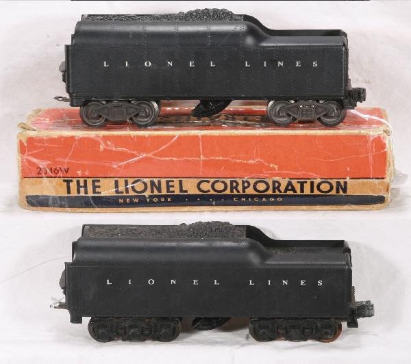 NETTE - 2 Tough LIONEL Early Tenders:: 2046W Clean w/wide space lettering, came with 1950 736 Berk, 1 rough ob, C7; 2671W LL Tender, came with 1949 736 Berk, C7