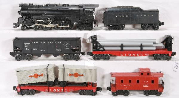 NETTE - 6 Pc. LIONEL Steam Freight Set: 665 Hudson, RS lettering; 1130T Tender; 6456 LV Hopper; 6477 Pipe Car, repro load; 6430 Flat w/Cooper-Jarrett Vans; 6257 Caboose, C6