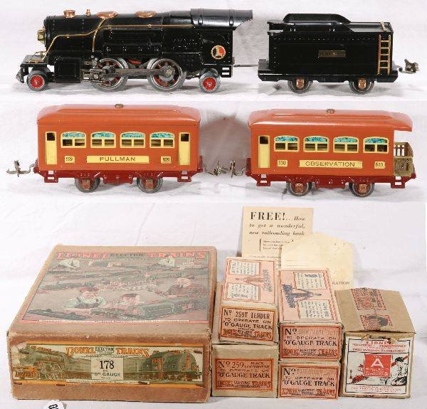 NETTE - LN Boxed LIONEL Set 178:: 259 Steam Loco, manual reverse(its version); 259T tender; 529 Pullman; 530 Obsv, obs, loco missing 1 flap, Instr., osb C8+ Super!