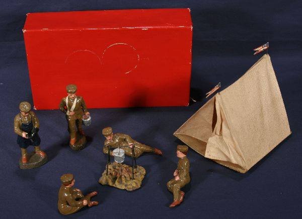 NETTE - Scarce 4" ELASTOLIN Territorial Infantry:: Appear to be British 1900s Infantry at Rest; 2 Reclining figures; Sitting Figure; Camp Fire; Walking Wounded; Standing polishing boot?? Tent, Almost unused! Box replacement, C9 WOW