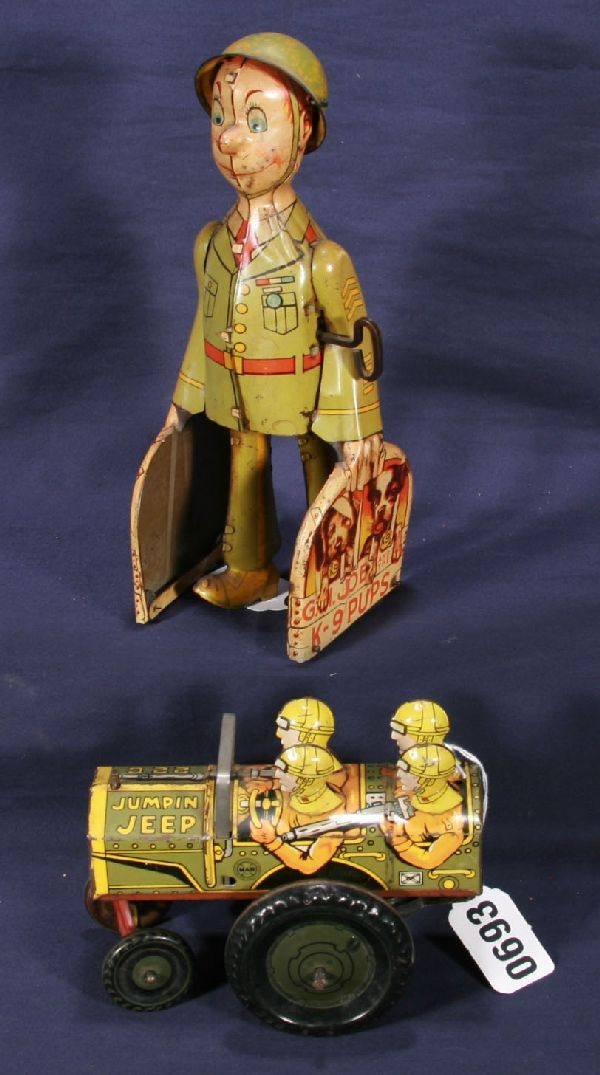 NETTE - 2 MARX Army Toys:: GI Joe w/K-9 Pups, 9" T, working, C7; Jumpin Jeep, working, but skips a bit, o/w C8