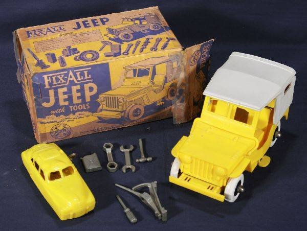 NETTE - MARX Fix-All Jeep with Cadillac:: Yellow HP 7"Jeep w/6 tools, unbroken and clean, ob worn, C8+; 5" Sky View Cadillac streamline car, clock work not working, HP, o/w C7