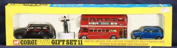 NETTE - Mint Boxed CORGI Gift Set 11:: Austin-London Taxi, Morris Mini-Minor; Routemaster Bus & Policeman figure, wiz wheels, ob w/insert, C9+
