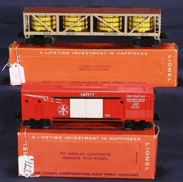 NETTE - 2 Mint Boxed LIONEL Cars:: 6530 Fire Safety Boxcar; 6475 Pickle Vat Car, both all original & unrun, obs are C8, Cars C9 WOW!