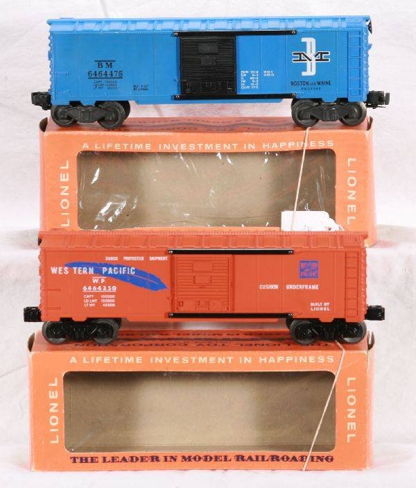 NETTE - 2 NMint Boxed LIONEL 6464 Boxcars:: 6464-475 B&M, type IV, late frame w/unrun tab trucks, cello window ob; 6464-250 WP, Type IV, unrun Timken Trucks, cello window ob, o/w C9
