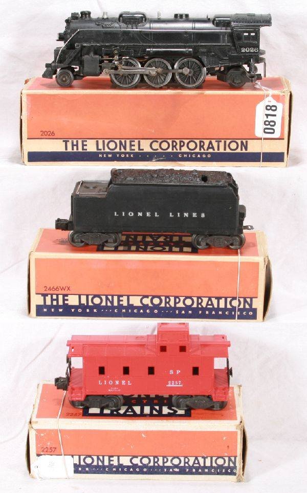 NETTE - Boxed LIONEL 2026 & 2257:: 2026 Steam Loco, early version w/RS lettering & 2-6-2 Arrangement, touched up; 2466WX Tender; 2257 Red Caboose, obs are C7, trains o/w C7