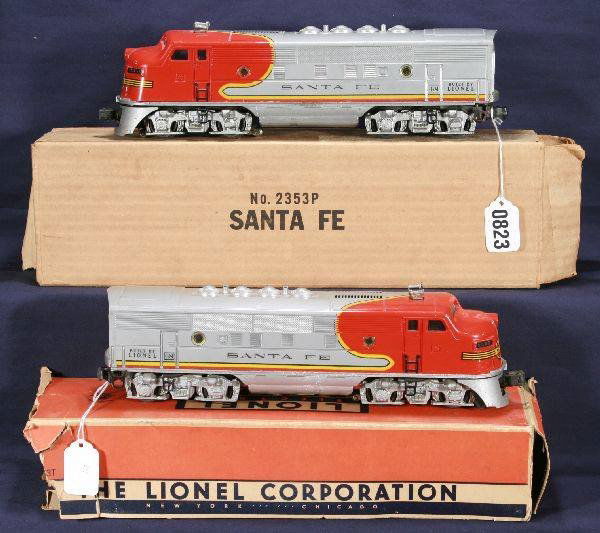 NETTE - Boxed LIONEL 2353 SF F3 AA Diesels: Clean, some decal wear at doors; obs w/inserts, trailer rough, C6+