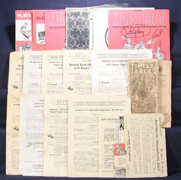 NETTE - MARX PAPER Lot:: Several Instruction sheets and catalogs pre & postwar, 1968 Catalog, showing Great Marx Toys, Johnny Apollo, Playsets; guns; Gas station sets, Pressed Steel, Girls Play items and more! Cover loose; se
