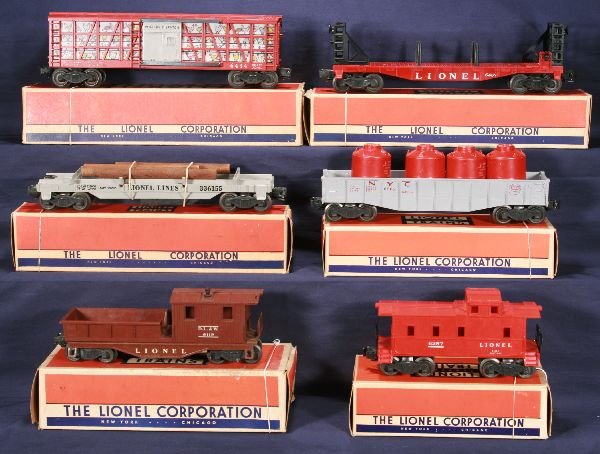 NETTE - 6 Boxed LIONEL Freight Cars:: 3361X Lumber Dump Car; 6257-50 Caboose; 6562-1 Gray Gondola w/Canisters; 6119-50 Brown Work Caboose; 6434 Poultry Dispatch, minor oxi spots on frame; 6467 Bulk Head Flat Car, obs, o/w C7 or better