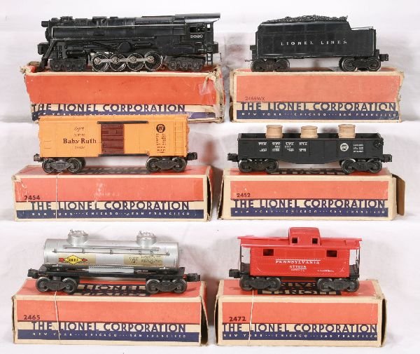 NETTE - LIONEL Set 1413WS w/Boxes:: 1946 Set; 2020 Turbine, smoke bulb version w/reverse wire in cab; 2466WX Tender, both obs rough; 2454 BR Boxcar; 2452X PRR Gondola w/Drums; 2465 Sunoco Tank Car; 2472 PRR Caboose, o/w obs, C6-7