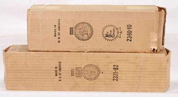 NETTE - Empty LIONEL Boxes, 2360 & 2321X: Both clean & square, 2360-10 Mead box for Single stripe Tuscan GG1 w/insert, 1" hole in corner, clean C6; 2321X box for Maroon Lackawanna FM, opened both sides, o/w C8