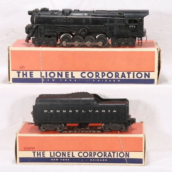 NETTE - Boxed LIONEL 671RR Turbine:: 1952 Reissue w/o magnatraction, nice RS cab lettering, C7; 2046W-50 PRR Tender, C6-, obs w/loco insert better than most, C7