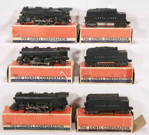 NETTE - 3 Boxed LIONEL Locos & Tenders: 1666 Loco; 2466W Tender; 2026 Loco; 6466WX Tender; 1654 Loco; 6466WX Tender, obs w/some inserts worn, C6 (locos and tenders not necessarily matched)