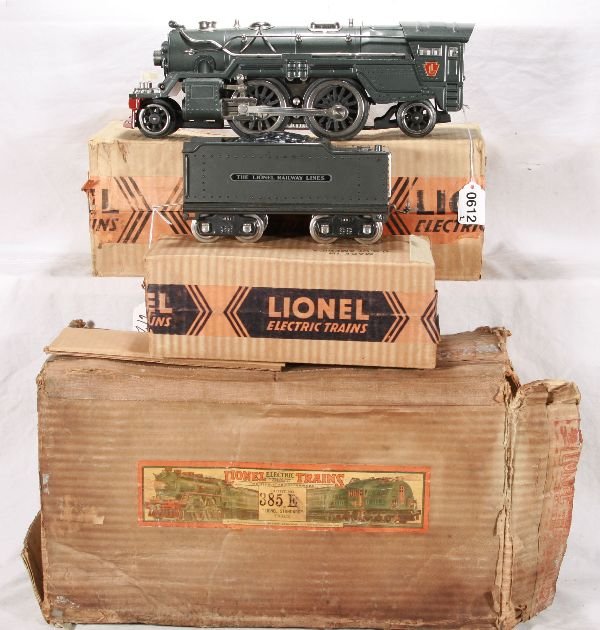 NETTE - Nice Double Boxed LIONEL 385E:: ST. Ga.; Very clean w/all original diecast; 385W Diecast Tender, casting straight as an arrow, both shiny and bright, obs w/1935 tape are C7, Rare master carton is a bit rough, loco C7+ Nice!