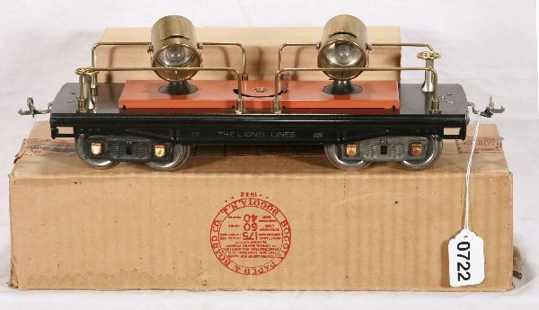NETTE - High Grade Boxed LIONEL 220 Searchlight: ST. Ga.; Early Colors is fabulous shape. Nice gold lettering, trim has nicely aged patina, bright nickel, bricky ob w/scarce insert has minor graffiti, o/w C8+