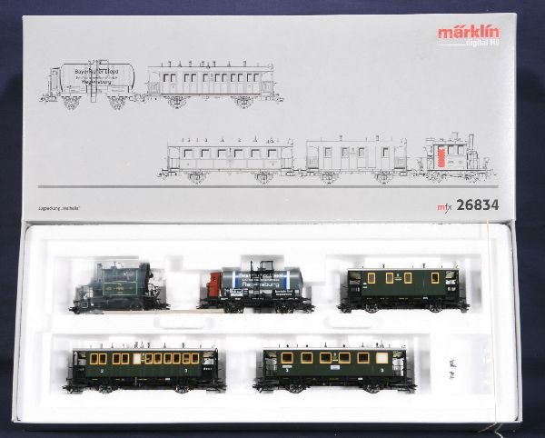 NETTE - MARKLIN HO 26834 Walhalla Set:: Digital ptl 2/2 Loco for Royal Bavarian RRy, Tank Wagon Postal Car & 2 Coaches, circa 1908 period, ob, C9
