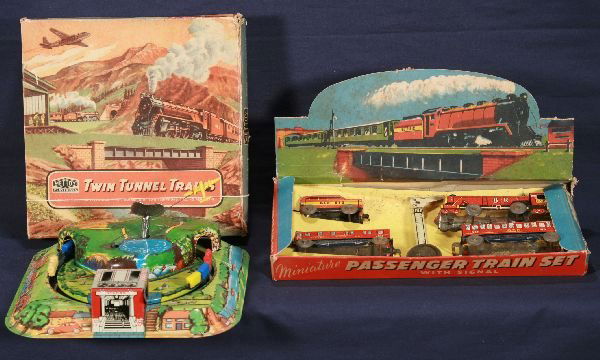 NETTE - 2 Boxed English Train Toys: Mettoy Twin Tunnel Trains, Honeymoon express style toy w/DC-3 Airplane and two trains, litho tin & plastic, working, ob C9; Passenger Train w/Signal, Marx/Range Style floor train set, display ob some