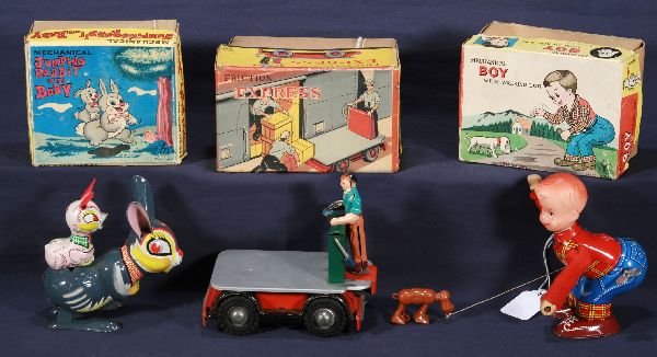 NETTE - 3 Boxed Tin Litho Toys:: Mechanical Boy w/Walking Dog, Yone, Japan, figure scuttles backwards while pulling plastic dog along, nice action; Friction Express, baggage truck, rolls as figure changes position; Jumping Rabbit w/B