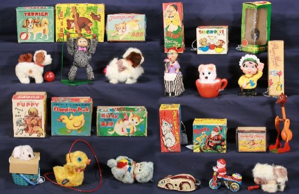 NETTE - 13 Boxed Japanese Toys:: All litho tin & plastic or plush, all working- Santa on Bike by SU; Roll-over Mouse, by Yone; Kitty w/Ball, by MM, C7+; Remote Flapping Duck, by MM; Jumping Dog; Alps Mechanical Terrier w/ball; TM, Be