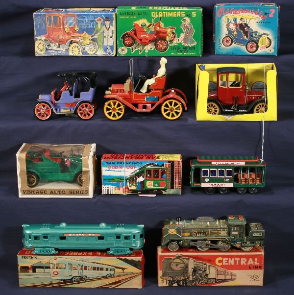 NETTE - 7 Boxed Tin Litho Toy Vehicles:: MSK, Santa Fe Budd style car, 11" friction, ob C9+; TN, Friction Central Locomotive, 9" L, ob C7; San Fran Cable car souvenir, ob C9; Schuco 1227 1917 Ford Coupe w/display box, working, outer box worn