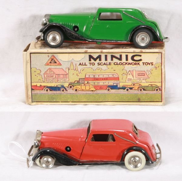 NETTE - 2 TRIANG Minic Vauxhall Cabriolets: Both litho tin, clock work working, both clean & shiny, some chrome wear, red car has replacement tires, 1 missing, 1 ob missing flaps 1 side, o/w C8