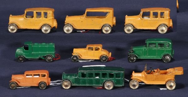 NETTE - 9 Early TOOTSIETOY Vehicles:: Bus, C7; 2 Limos, C8; Open Top Tourer, C7; Tourer, C8; Ford Sedan; miniature Coupe & Sedan, o/w C6+