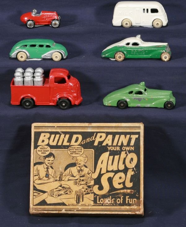 NETTE - 7 Pc BARCLAY Slush Vehicle Lot:: Police Car; Bus; Racer; Milk Truck; Green Police style car; Red Truck w/milk cans; OB only for Build & Paint Set, C7-8